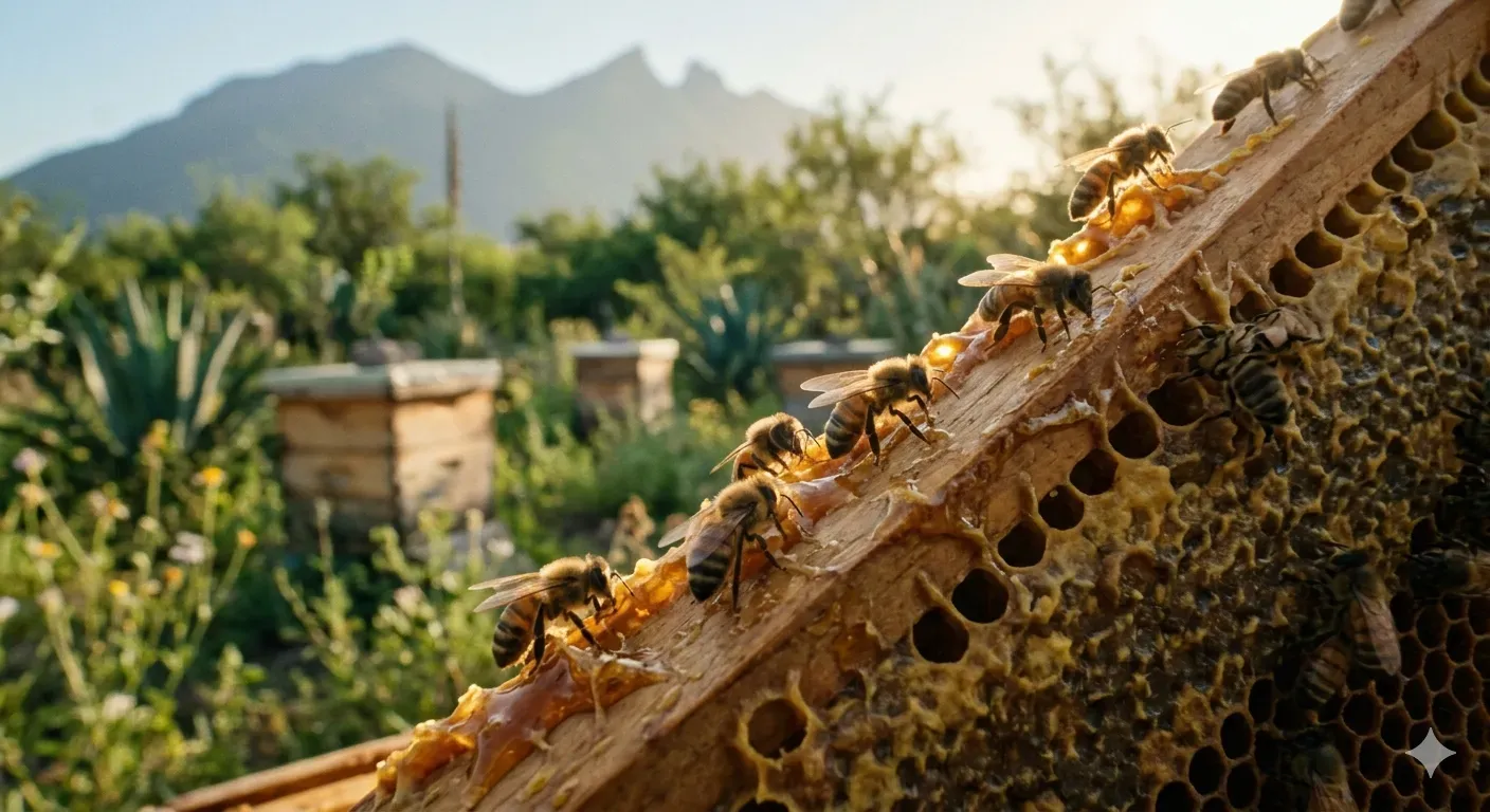 Abejas sobre un panal con el Cerro de la Silla de Monterrey al fondo